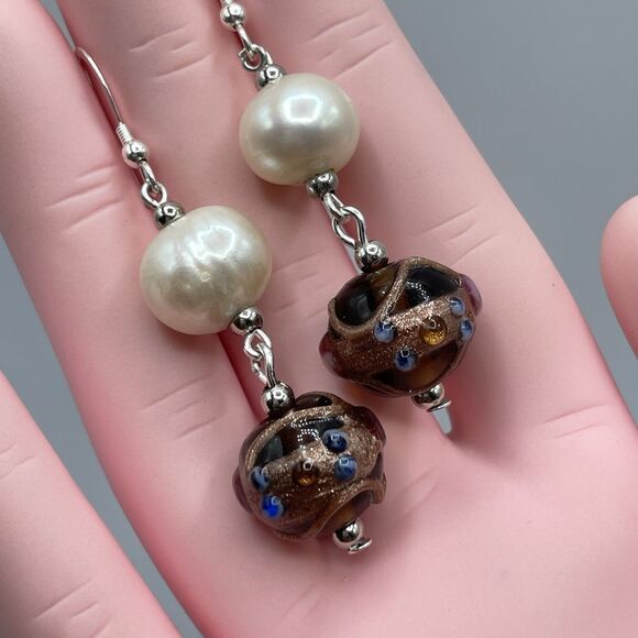 Artisan 925 Sterling Silver Pearl Murano Wedding Cake Beaded Dangle Earrings - Picture 2 of 7